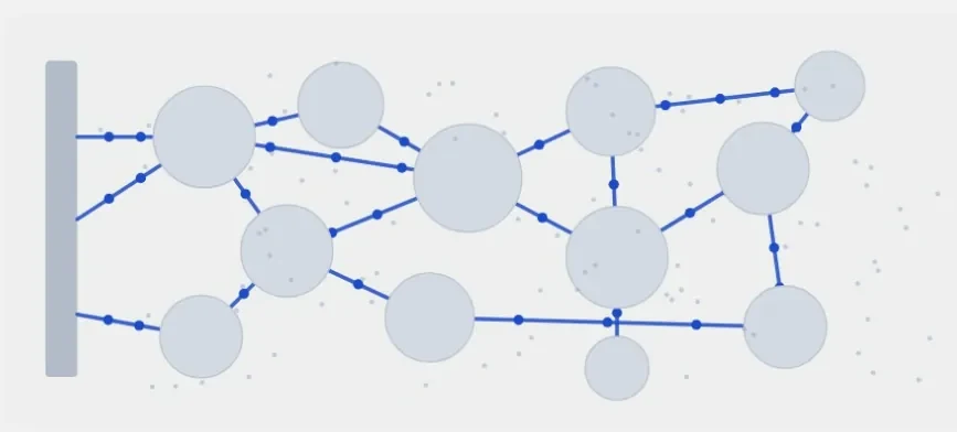 Diagram of the conductive network reaching out from the current collector. Conductive additive links the active material particles, and electrolyte fills the space between them.