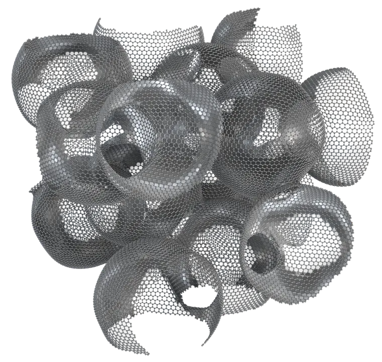 Structural model of Graphene MesoSponge®. Hollow particles made of walls one graphene sheet thick chain together.
